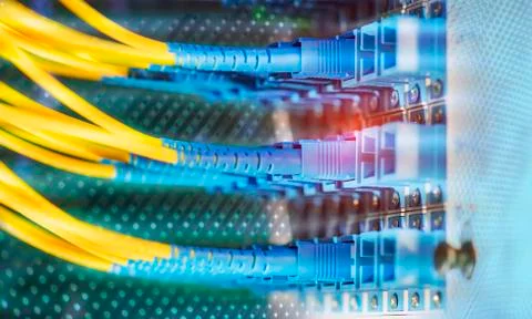 Fiber optic cable connect to communication Distribution point Stock Photos