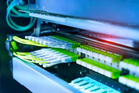 Fiber optic cable connect to communication Distribution point Stock Photos