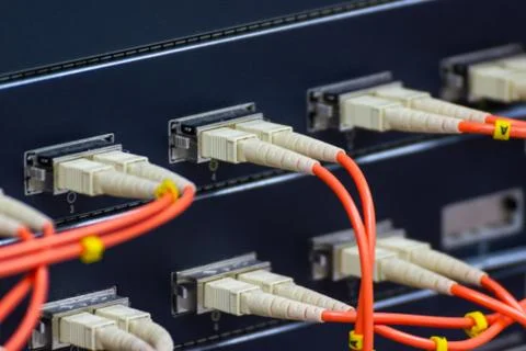 The Fiber Optic Cable to connect SFP module port Stock Photos