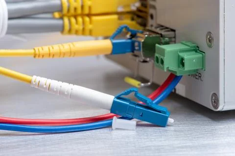 Fiber optic cable patch cord and switch used at installation 스톡 사진