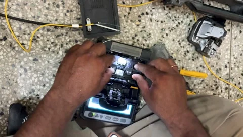 Fiber Optic Cable Splicing Process For Telecommunications And Internet Infr.. Stock Footage 339475827