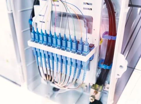 Fiber optic cablel connect to communication Distribution point Stock Photos