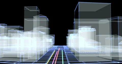 Fiber optic cables carrying information toward glow wireframe city buildings Stock Footage 99296971