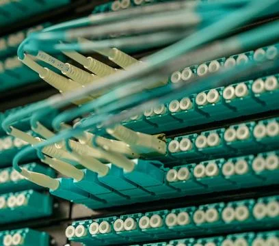 Fiber Optic Cables Connected to Network Equipment in Data Center Foto stock