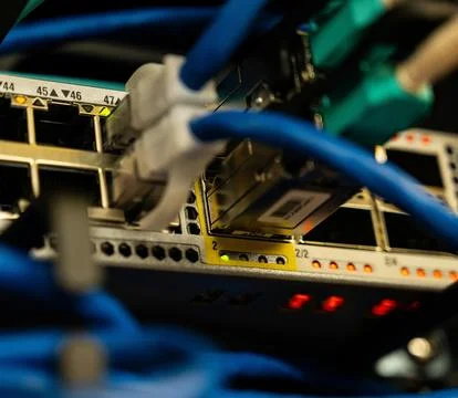 Fiber Optic Cables Connected to Network Equipment in Data Center Stock Photos