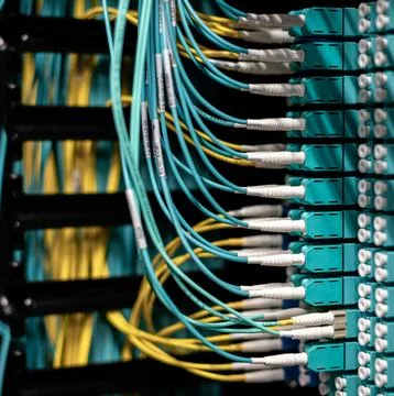 Fiber Optic Cables Connected to Network Equipment in Data Center Foto stock