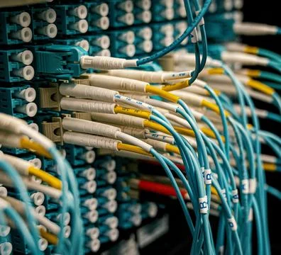 Fiber Optic Cables Connected to Network Equipment in Data Center Foto stock