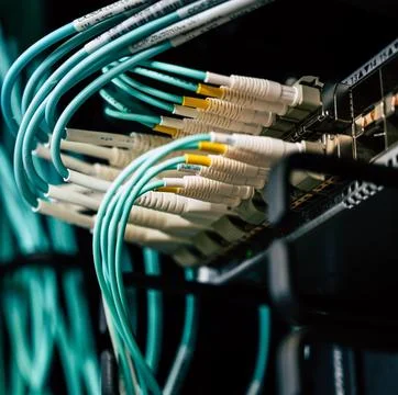 Fiber Optic Cables Connected to Network Equipment in Data Center Foto stock