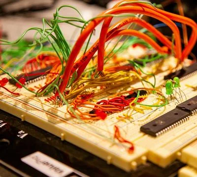 Fiber Optic Cables Connected to Network Equipment in Data Center Foto stock