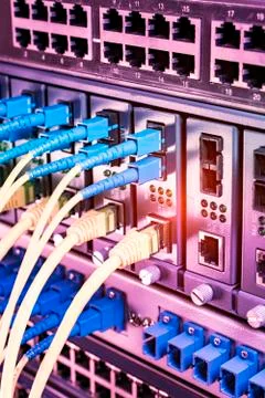 Fiber Optic cables connected to an optic ports and Network cables connected t Stock Photos