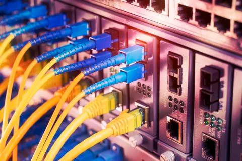 Fiber Optic cables connected to optic ports and UTP and Network cables connected Stock Photos
