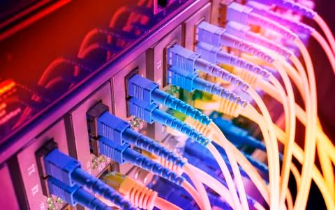 Fiber Optic cables connected to optic ports and UTP and Network cables connected Foto stock