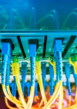 Fiber Optic cables connected to optic ports and UTP, Network cables connected Stock Photos