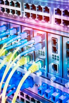 Fiber Optic cables connected to optic ports and UTP, Network cables connected Stock Photos