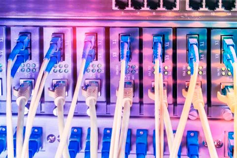 Fiber Optic cables connected to optic ports and UTP, Network cables connected Stock Photos