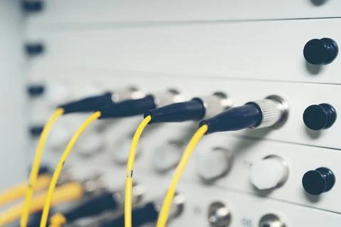 Fiber Optic cables connected to an optic ports and Network cable system Stock Photos