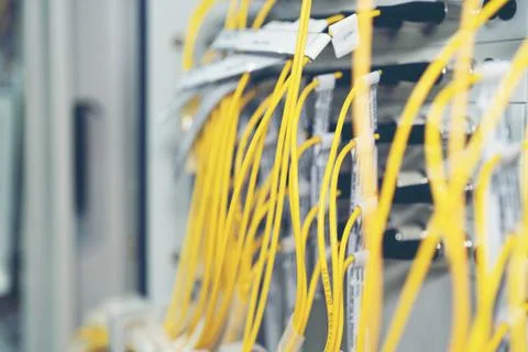 Fiber Optic cables connected to an optic ports and Network cable system Stock Photos