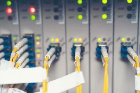 Fiber Optic cables connected to an optic ports and Network cable system Stock Photos