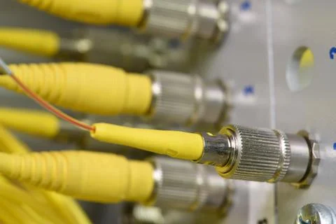 Fiber optic cables connectors close-up 스톡 사진