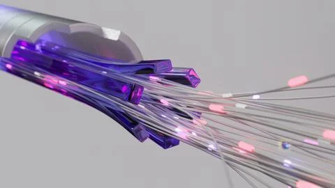 Fiber optic cables in a futuristic tech environment transmit data at high speed Stock Illustration