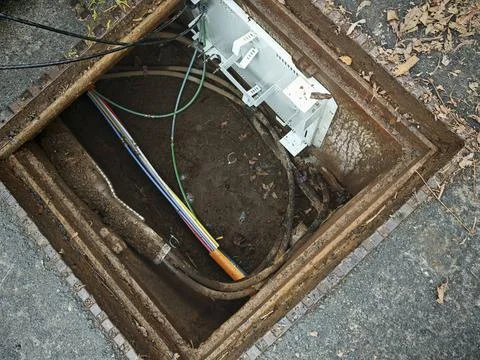  fiber optic cables for online communication, telecommunications technolog... 스톡 사진