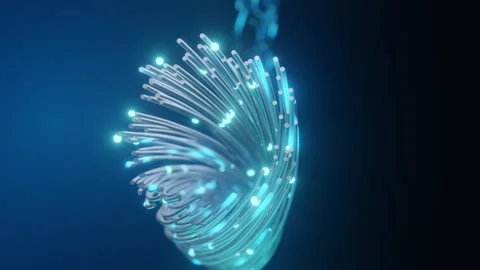 Fiber Optic Cables Transmitting Data with Glowing Blue Light Stock Footage 321423672