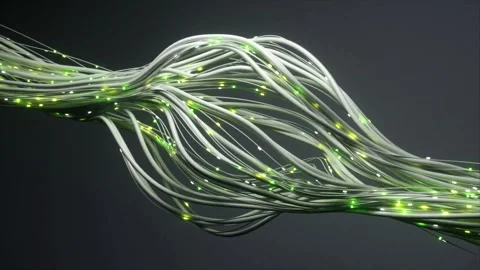 Fiber optic cables twisting with shining light in modern technology era Stock Footage 327523258