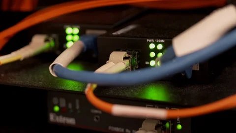 Fiber Optic Converter to Ethernet in a Broadcasting Center Stock Footage 102864849