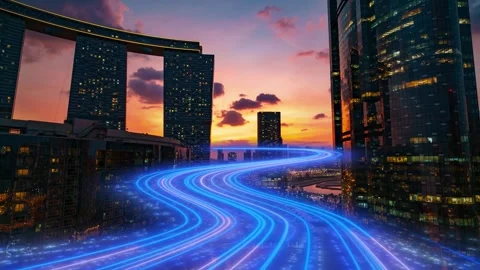 Fiber Optic Data Flow on Al Reem Island Abu Dhabi at Sunset - colorful timelapse Stock Footage 337532351