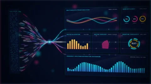 Fiber optic data stream holographic display showing tech analytics. 4K Video stock 348234672