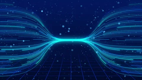 Fiber optic data wave with glowing lines connected dots grid floor Stock Footage 346801897