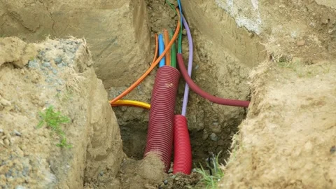 Fiber optic internet infrastructure cables copper engineering networks conduits Stock Footage 345652015