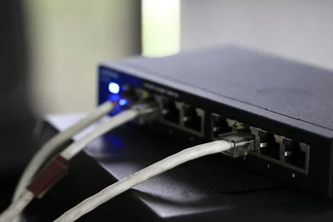 Fiber optic Internet, Modem router network hub . cable connected router. inte Stock Photos