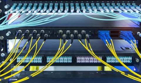 Fiber optic network cable connect to communication Distribution point Stock Photos