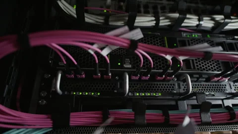 Fiber Optic Network Cables Connected to Data Center Servers Stock Footage 330541591