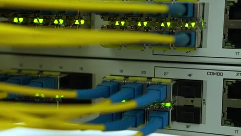 Fiber Optic Network Switch Blinking Lights Close Up in Server Room, Data Center. Stock Footage 322667178