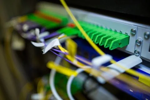 Fiber optic patch panel is displaying green ports and colored cables on rack in 스톡 사진