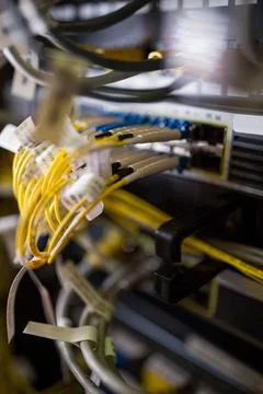 Fiber optic patch panel with yellow cables is being shown in flat design inside Stock Photos