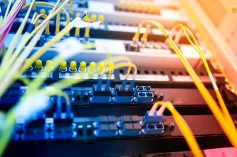 Fiber optic with servers in a technology data center Stock Photos