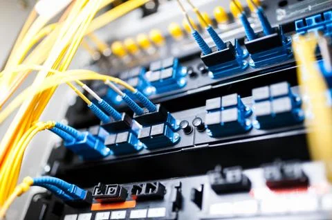 Fiber optic with servers in a technology data center Stock Photos