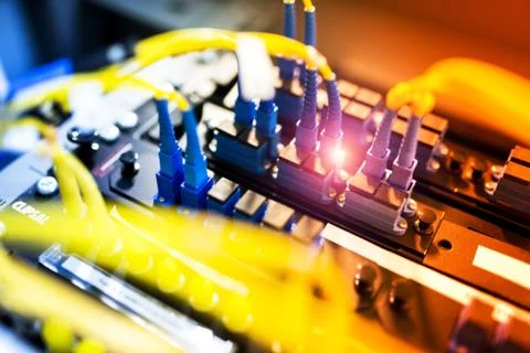 Fiber optic with servers in a technology data center Stock Photos