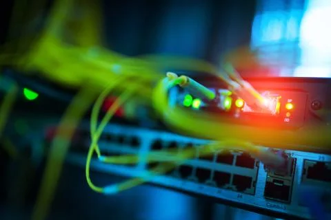 Fiber optic with servers in a technology data center Stock Photos