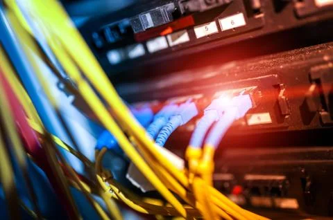 Fiber optic with servers in a technology data center Stock Photos