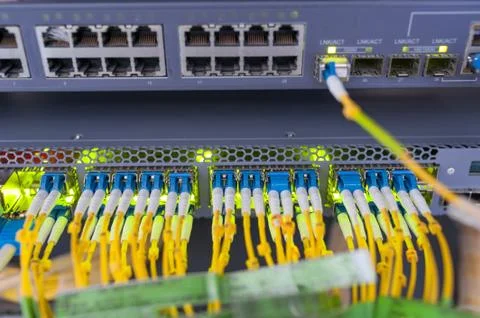 Fiber optic with servers in a technology data center Stock Photos