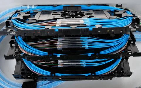 Fiber optic splice cassettes stack of fiber optic splice cassettes with pr... 스톡 사진