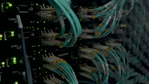 Fiber Optical connector interface.  Flashing lights. Data server. 動画素材 91239510