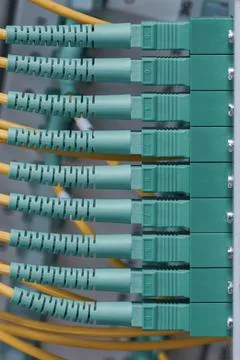 Fiber optical network cables distribution patch panel Stock Photos