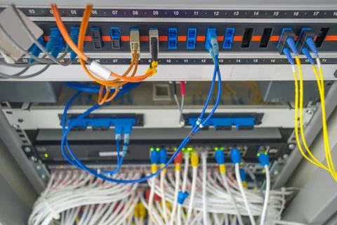 Fiber optical panel and switch hub  in rack cabinet Stock Photos