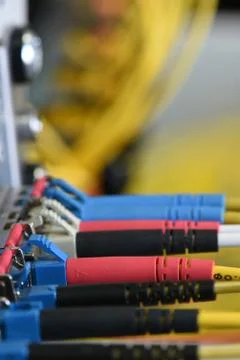 Fiber optical patch cord cable connected to switch Stock Photos