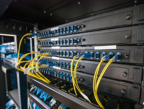Fiber optical in rack cabinet Stock Photos